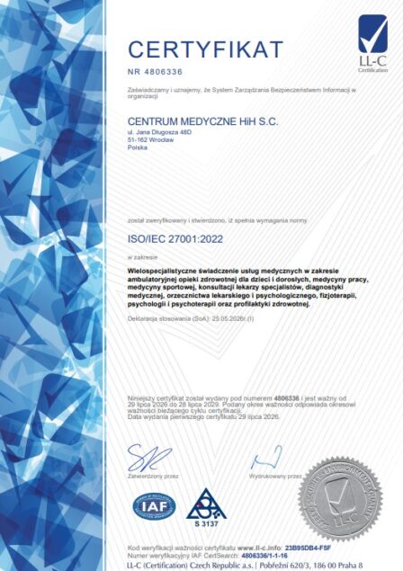 Centrum Medyczne HiH z certyfikatem ISO/IEC 27001:2022